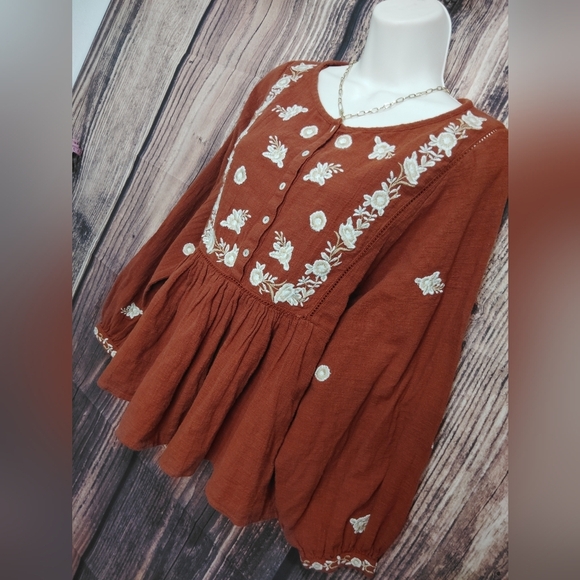 Zara Embroidered Rust Blouse Size Medium - Picture 3 of 4